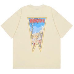 Oil Painting Clock Coconut Tree Print T-Shirts