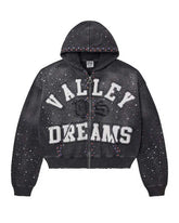 Vale Forever Classico Zip Up Hoodie black, white varsity Valley Dreams appliqué, VS monogram and rhinestone-trimmed hood on washed black, front view