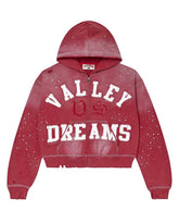 Vale Forever Classico Zip Up Hoodie ruby red, white chenille Valley Dreams varsity lettering with VDS monogram and rhinestone scatter, front view