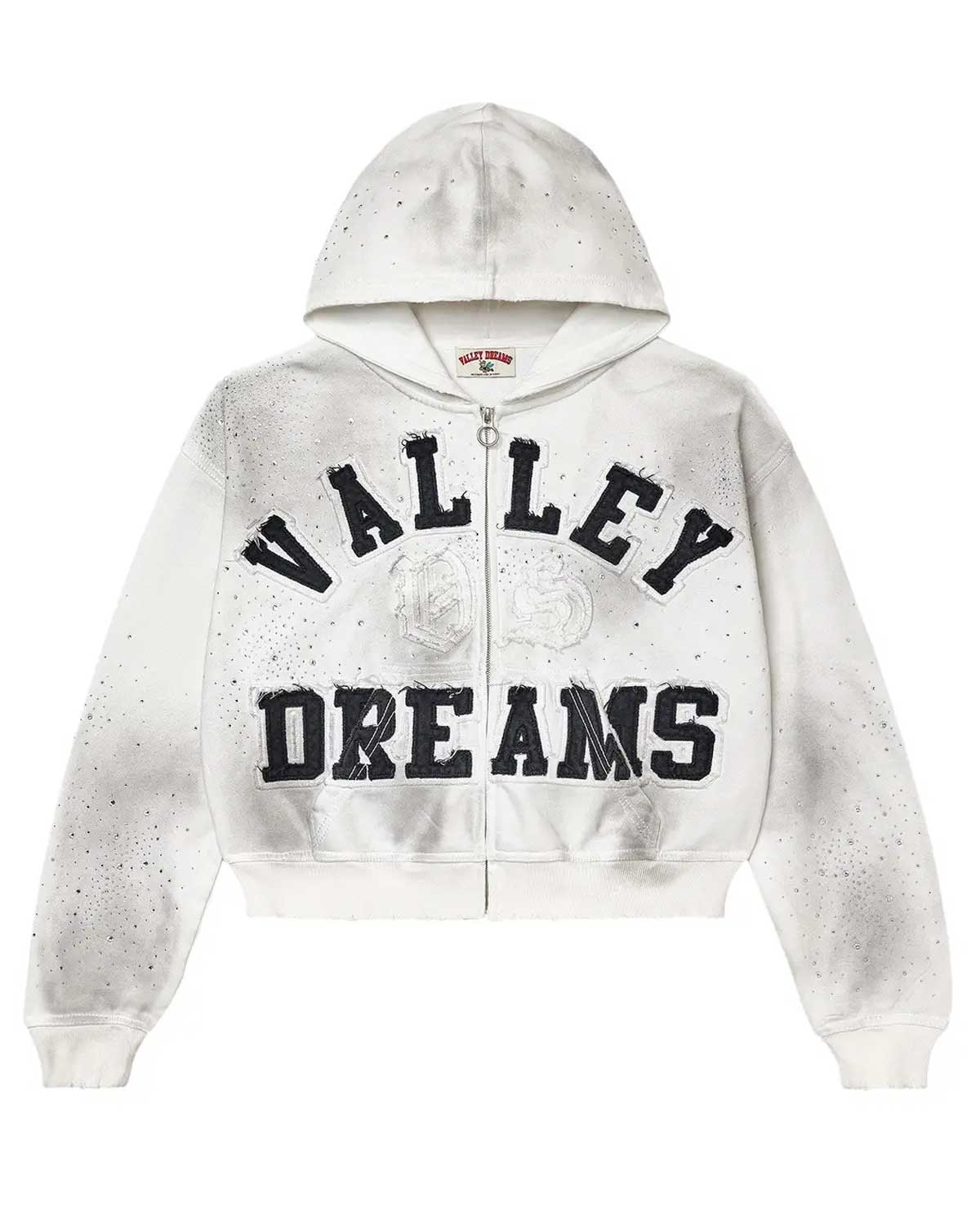 Vale Forever Classico full-zip hoodie in white, bold arched ‘Valley Dreams’ varsity patch lettering with rhinestone scatter, front view