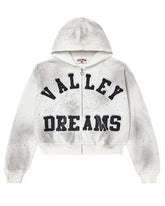 Vale Forever Classico full-zip hoodie in white, bold arched ‘Valley Dreams’ varsity patch lettering with rhinestone scatter, front view