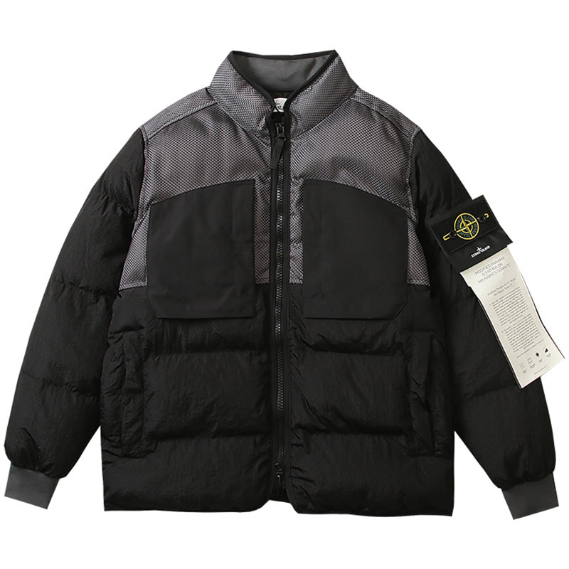 Multi-element patchwork down jacket