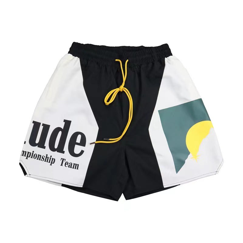 Sunset Print Stitching Contrast Color Casual Beach Shorts