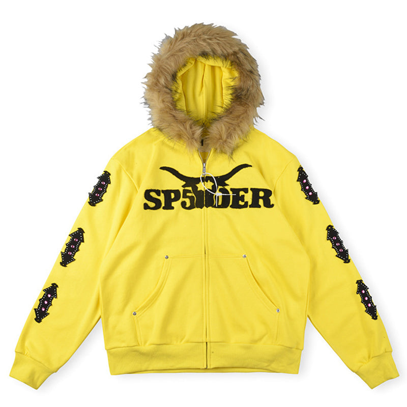 Fur Hooded Full Zip Hoodie Sweatshirt Yellow