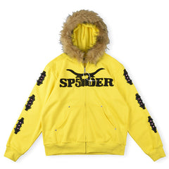 Fur Hooded Full Zip Hoodie Sweatshirt Yellow