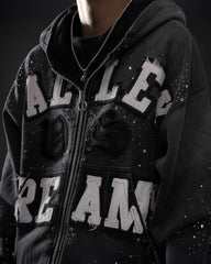 Vale Forever Classico Zip Up Hoodie black, close-up of white distressed Valley Dreams felt letters and colorful rhinestones, detail