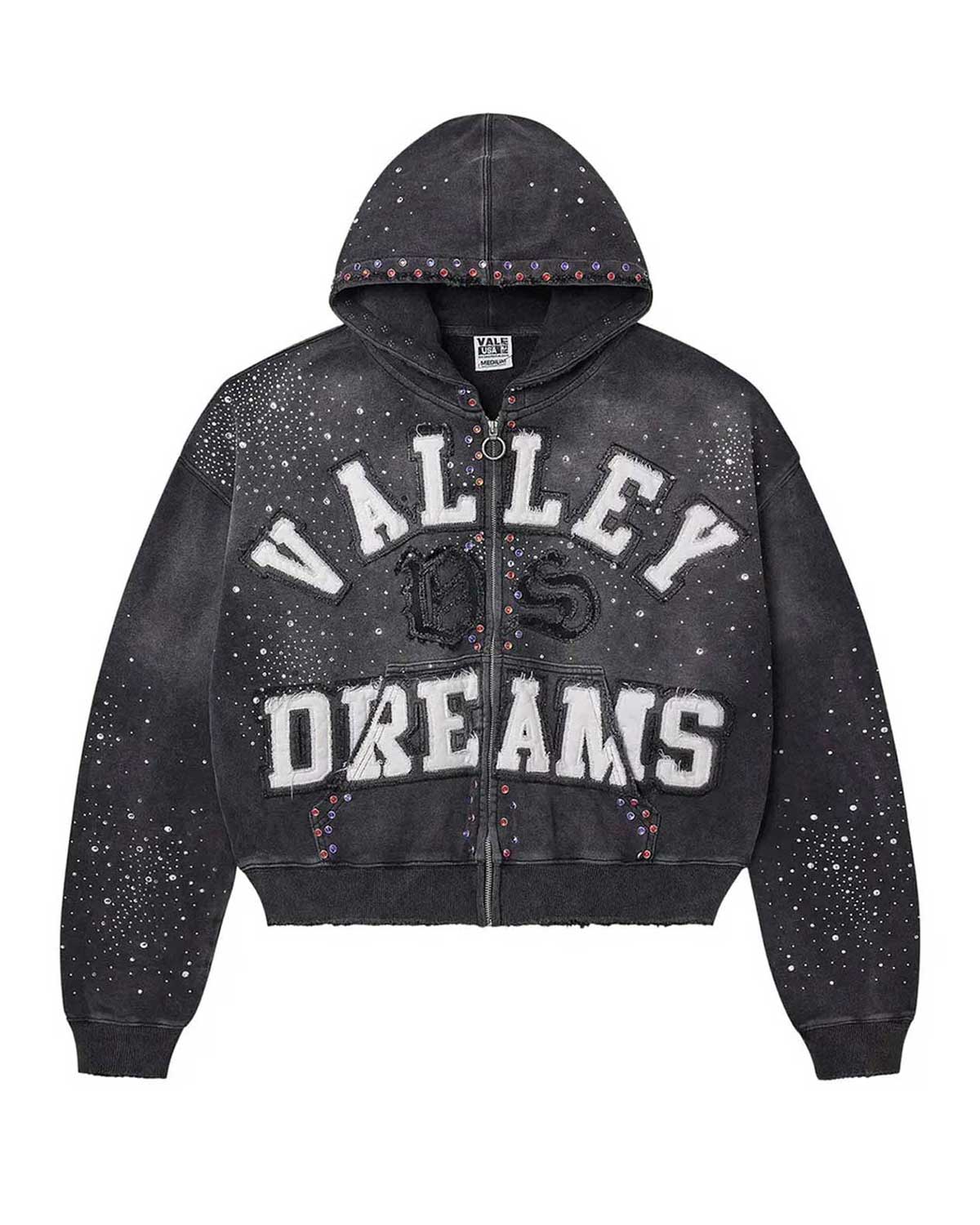 Vale Forever Classico Zip Up Hoodie black, white varsity Valley Dreams appliqué, VS monogram and rhinestone-trimmed hood on washed black, front view