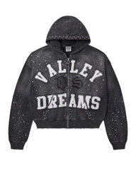Vale Forever Classico Zip Up Hoodie black, white varsity Valley Dreams appliqué, VS monogram and rhinestone-trimmed hood on washed black, front view