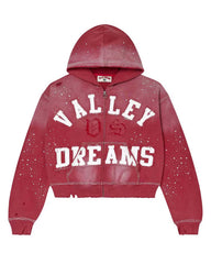 Vale Forever Classico Zip Up Hoodie ruby red, white chenille Valley Dreams varsity lettering with VDS monogram and rhinestone scatter, front view