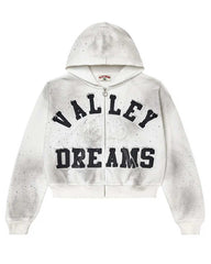 Vale Forever Classico full-zip hoodie in white, bold arched ‘Valley Dreams’ varsity patch lettering with rhinestone scatter, front view