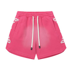 Embroidered Washed Distressed Short Red/ Rose red